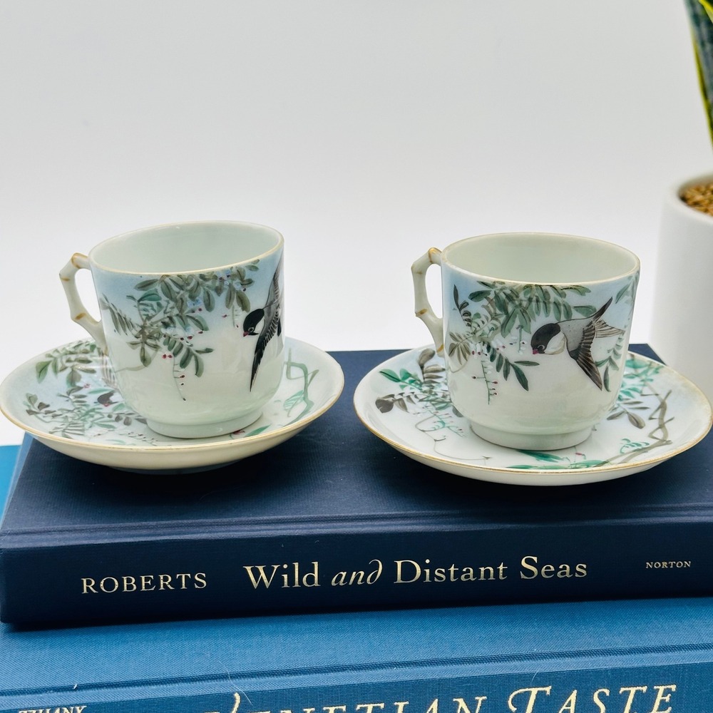 Vintage Hand Painted Bird & Floral Porcelain Demitasse Cup and Saucer Set of 2